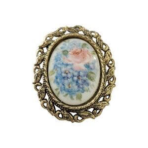 Vintage Porcelain Hand Painted Floral Pendant Brooch, Artist Signed, 2.5" Long